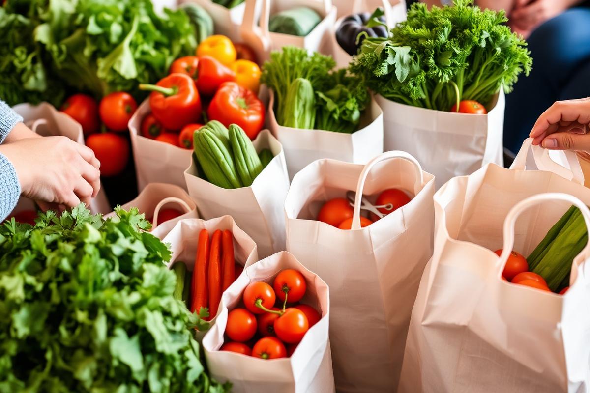 Bags of fresh vegetables prepared for community food distribution