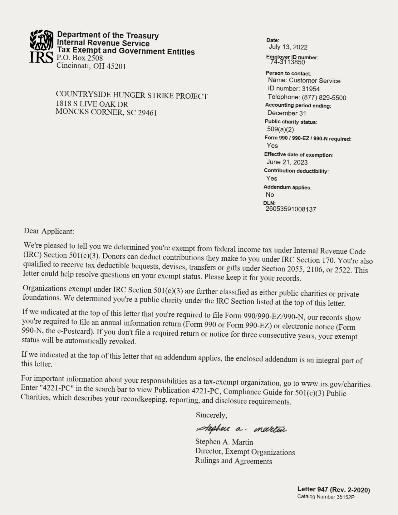 IRS Letter 947 confirming Countryside Hunger Strike Project as a 501(c)(3) tax-exempt public charity, EIN 74-3113850, dated July 13, 2022.